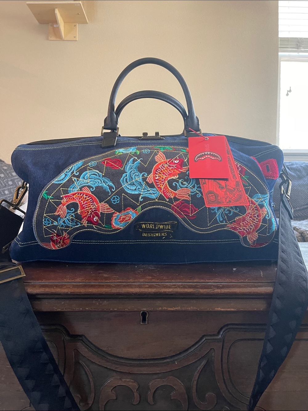 Sprayground Navy Blue Red Koi Embroidered Weekender Bag